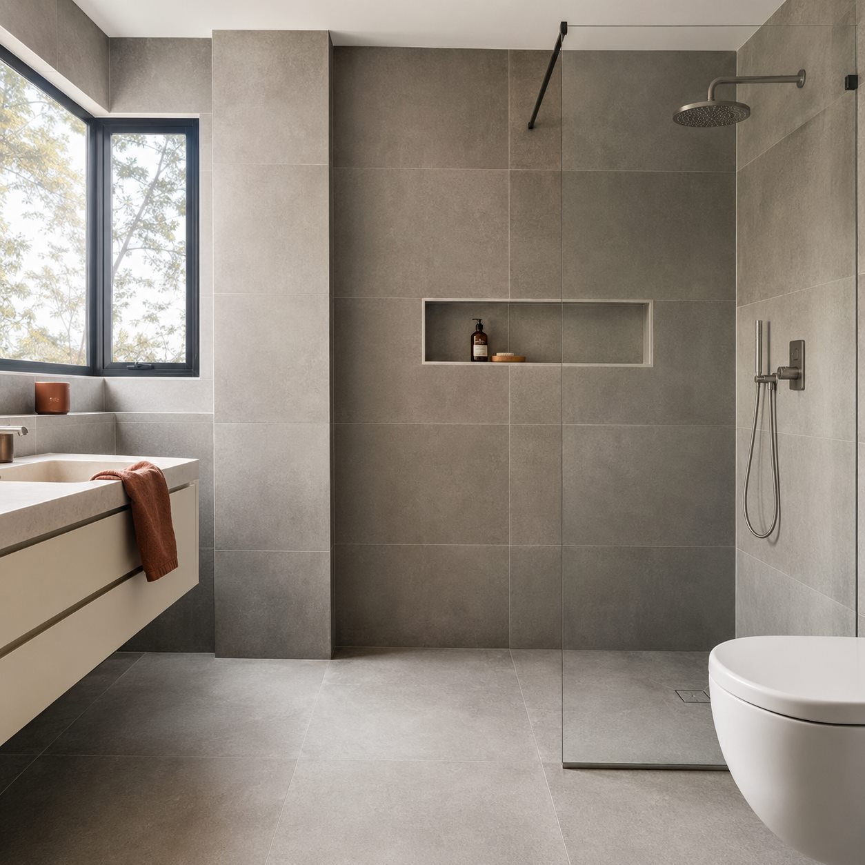 Gri seramik kaplı modern banyo ve duş alanı